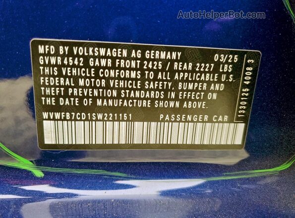 WVWFB7CD1SW221151 2025 VOLKSWAGEN GOLF Blue Vista interior de 360 grados