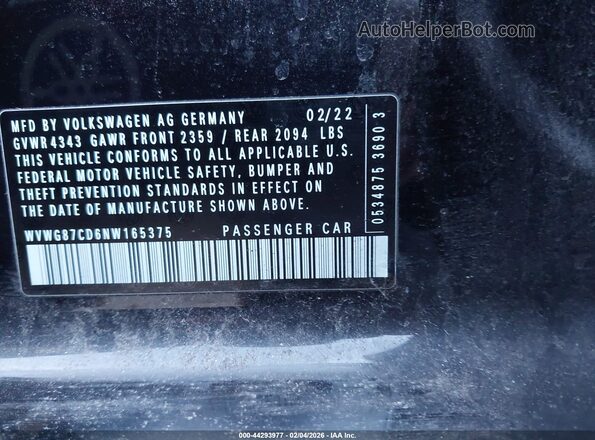WVWG87CD6NW165375 2022 VOLKSWAGEN GOLF Black 