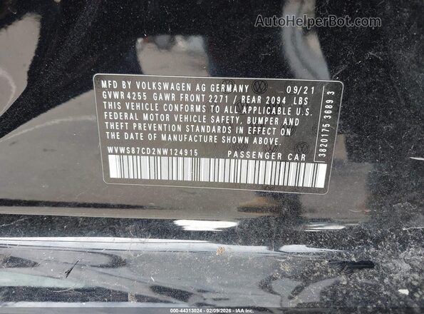 WVWS87CD2NW124915 2022 VOLKSWAGEN GOLF Black 