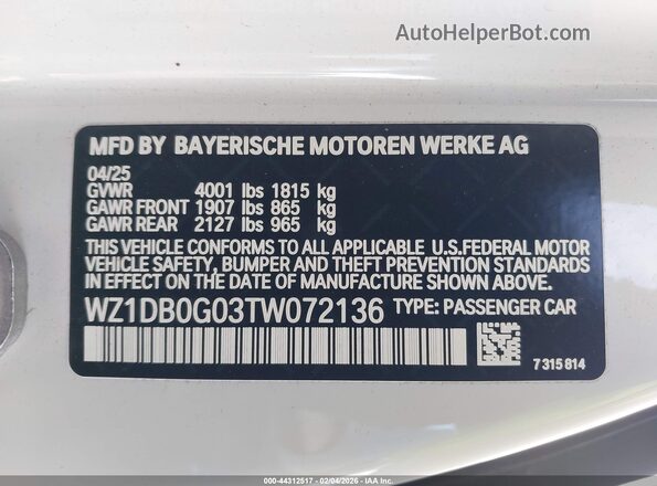 WZ1DB0G03TW072136 2026 TOYOTA GR SUPRA White 