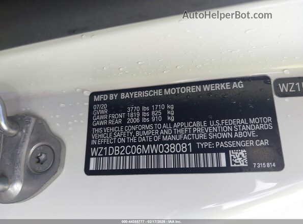 WZ1DB2C06MW038081 2021 TOYOTA GR SUPRA White Շարժիչի բաժամունքի տեսք