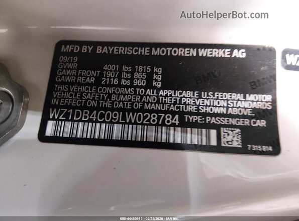 WZ1DB4C09LW028784 2020 TOYOTA GR SUPRA White Engine compartment view
