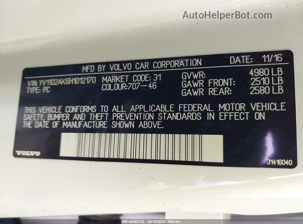 YV1102AK6H1012170 2017 VOLVO S90 Белый Вид подкапотного пространства