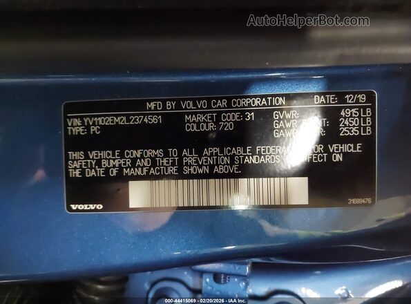 YV1102EM2L2374561 2020 VOLVO V60 Blue Շարժիչի բաժամունքի տեսք