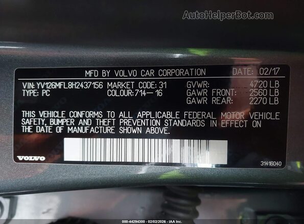 YV126MFL8H2437156 2017 VOLVO S60 Gray Engine compartment view