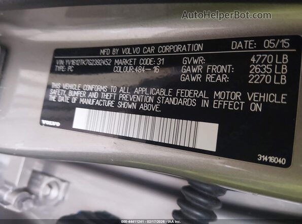 YV1612TK7G2392452 2016 VOLVO S60 Tan Vista del compartimento del motor
