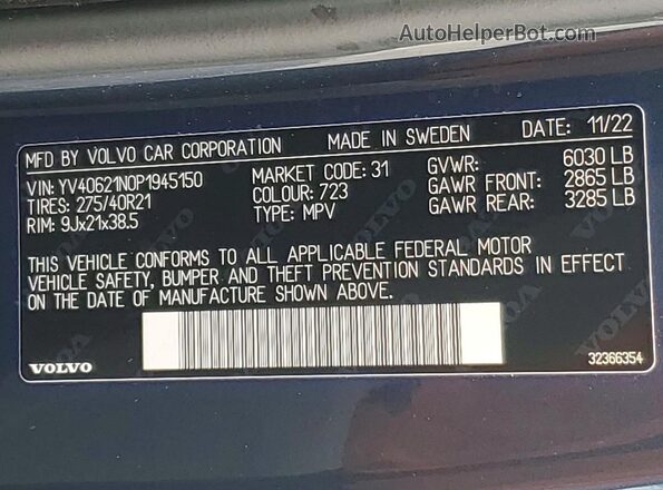 YV40621N0P1945150 2023 VOLVO XC90 Blue VIN კოდის სტიკერის ხედი