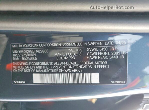 YV4062PB5T1429986 2026 VOLVO XC90 Blue Вид наклейки з VIN-кодом