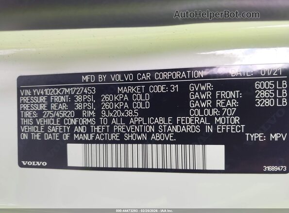 YV4102CK7M1727453 2021 VOLVO XC90 White Շարժիչի բաժամունքի տեսք