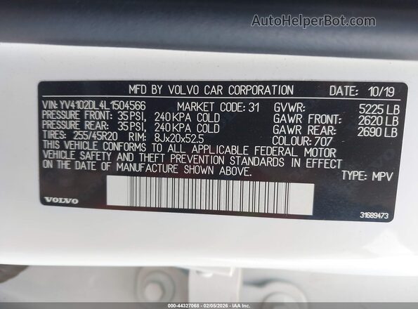 YV4102DL4L1504566 2020 VOLVO XC60 Белый 