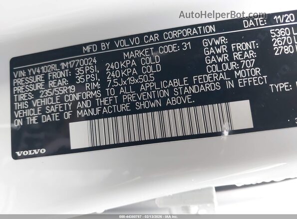 YV4102RL1M1770024 2021 VOLVO XC60 White 