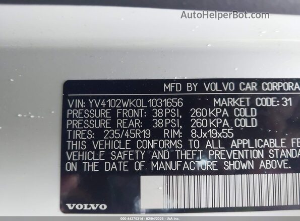 YV4102WK0L1031656 2020 VOLVO V60 CROSS COUNTRY White ძრავის განყოფილების ხედი