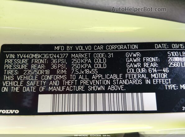 YV440MBK3G1244377 2016 VOLVO XC70 White Շարժիչի բաժամունքի տեսք