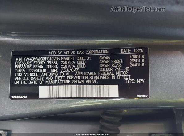 YV440MWKXH1040235 2017 VOLVO V60 CROSS COUNTRY Silver Engine compartment view