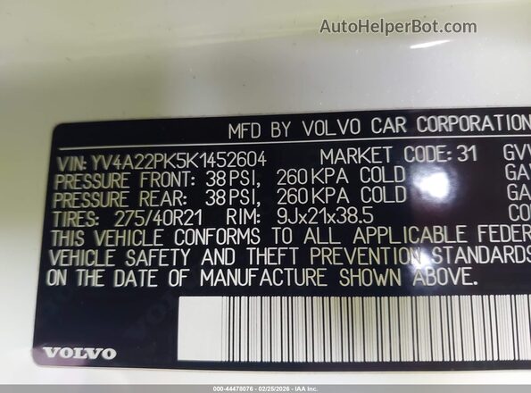YV4A22PK5K1452604 2019 VOLVO XC90 White Շարժիչի բաժամունքի տեսք