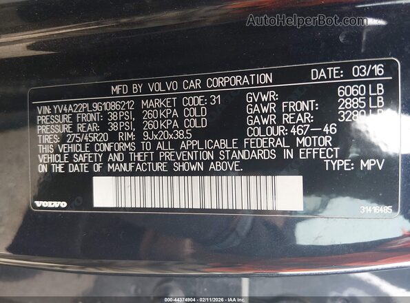 YV4A22PL9G1086212 2016 VOLVO XC90 Blue Вид підкапотного простору