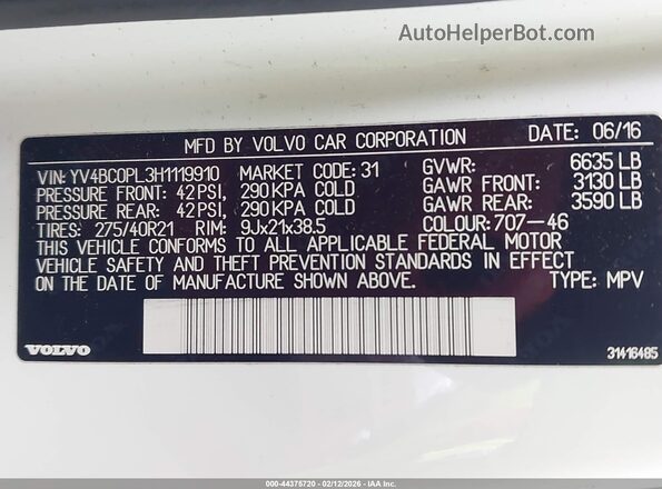 YV4BC0PL3H1119910 2017 VOLVO XC90 HYBRID White Engine compartment view