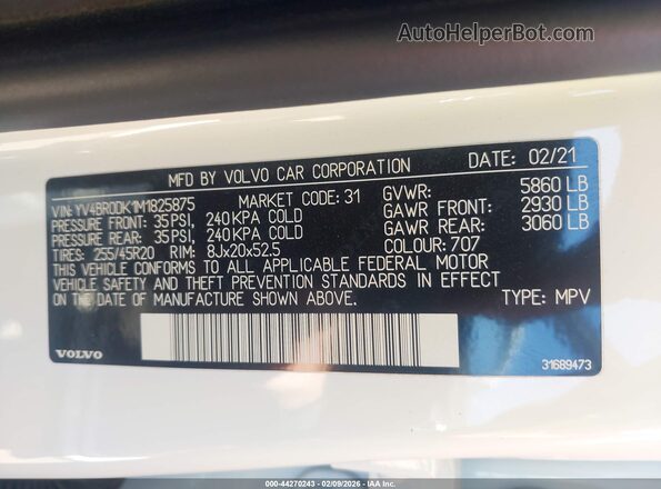 YV4BR0DK1M1825875 2021 VOLVO XC60 RECHARGE PLUG-IN HYBRID White Вид підкапотного простору