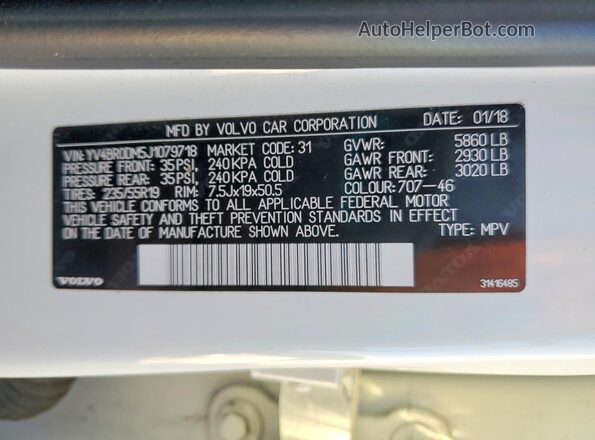 YV4BR0DM5J1079718 2018 VOLVO XC60 White Vista interior trasera