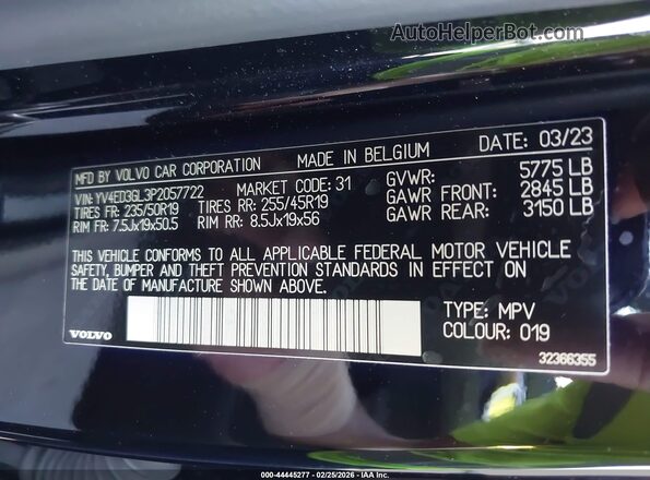 YV4ED3GL3P2057722 2023 VOLVO C40 RECHARGE PURE ELECTRIC Black Vista de la etiqueta del VIN