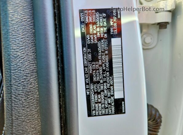 YV4ED3UR8M2541891 2021 VOLVO XC40 White Вид наклейки з VIN-кодом