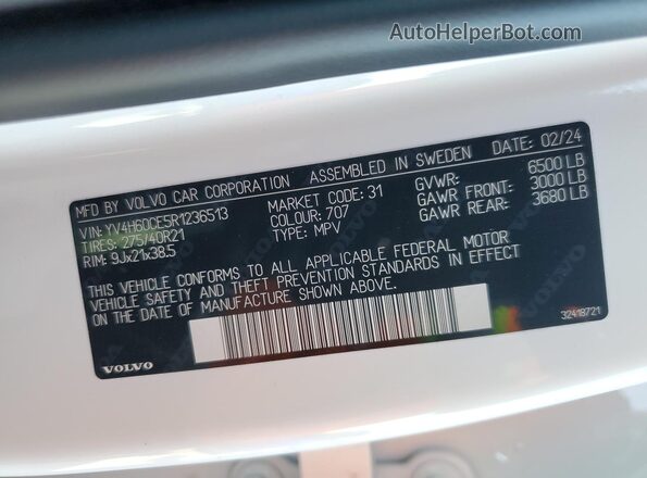 YV4H60CE5R1236513 2024 VOLVO XC90 White VIN კოდის სტიკერის ხედი