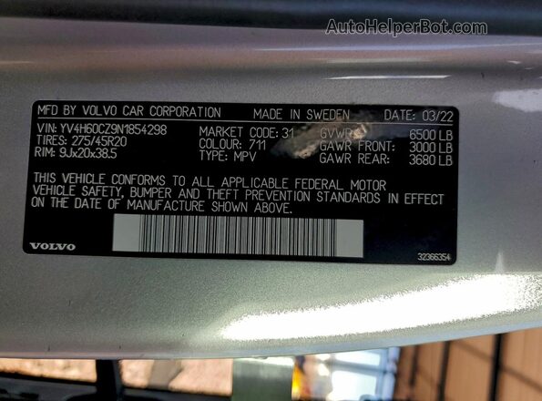 YV4H60CZ9N1854298 2022 VOLVO XC90 Серебряный Вид наклейки с VIN-кодом