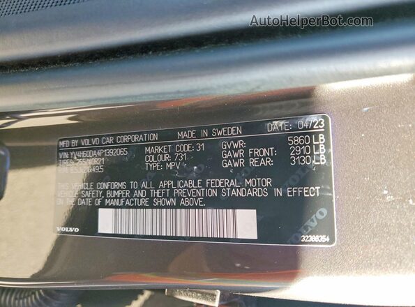 YV4H60DA4P1392065 2023 VOLVO XC60 Gray VIN կոդի պիտակի տեսք