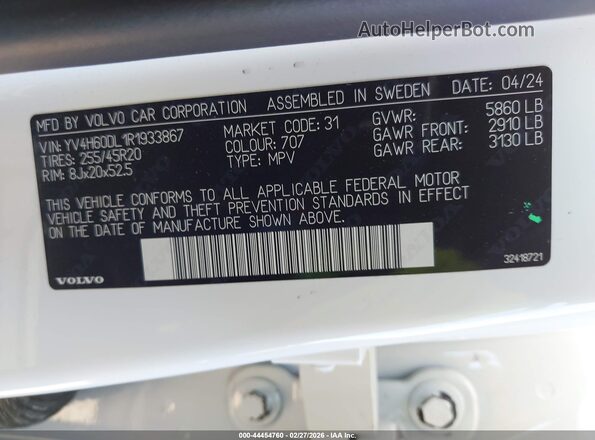 YV4H60DL1R1933867 2024 VOLVO XC60 RECHARGE PLUG-IN HYBRID White Вид підкапотного простору