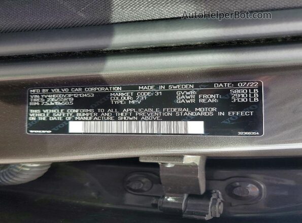 YV4H60DV3P1213453 2023 VOLVO XC60 Gray VIN კოდის სტიკერის ხედი