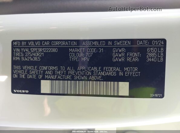 YV4L12PE9R1222080 2024 VOLVO XC90 White ძრავის განყოფილების ხედი