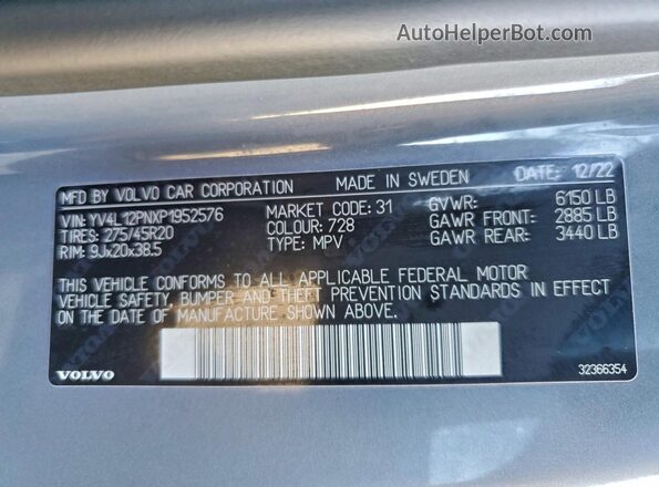 YV4L12PNXP1952576 2023 VOLVO XC90 Серый Вид наклейки с VIN-кодом