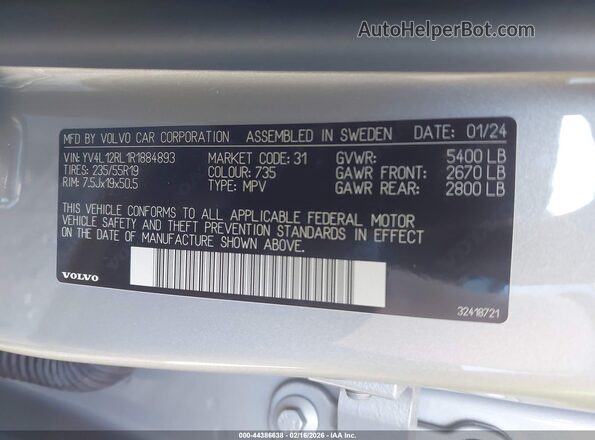 YV4L12RL1R1884893 2024 VOLVO XC60 Gray ძრავის განყოფილების ხედი