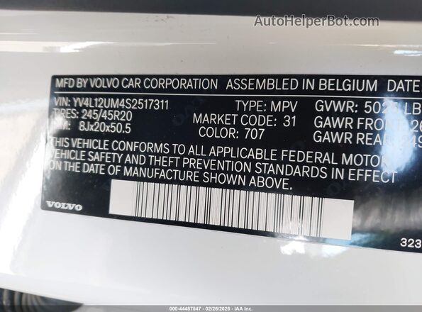 YV4L12UM4S2517311 2025 VOLVO XC40 White Շարժիչի բաժամունքի տեսք