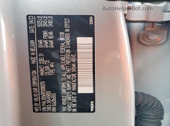 YV4L12UW5P2099379 2023 VOLVO XC40 Silver Widok naklejki z numerem VIN
