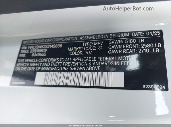 YV4L12WK2S2149836 2025 VOLVO V60 CROSS COUNTRY White ძრავის განყოფილების ხედი
