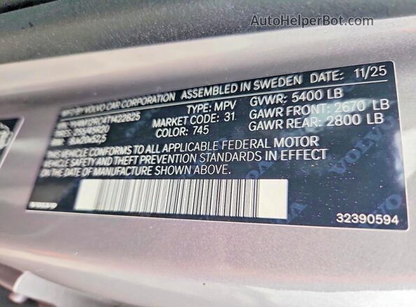 YV4M12RC4T1422825 2026 VOLVO XC60 Silver VIN կոդի պիտակի տեսք