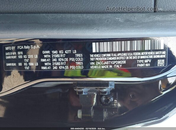 ZACCJABT1GPD96208 2016 JEEP RENEGADE Черный Вид подкапотного пространства