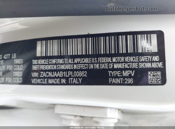 ZACNJAAB1LPL00862 2020 JEEP RENEGADE White Engine compartment view