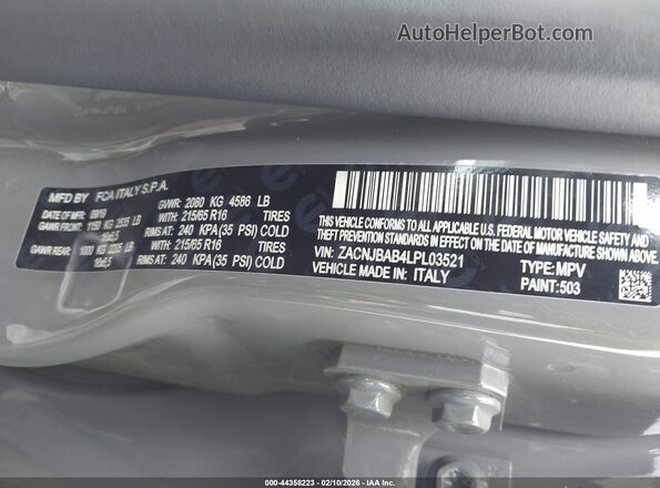 ZACNJBAB4LPL03521 2020 JEEP RENEGADE Gray ძრავის განყოფილების ხედი
