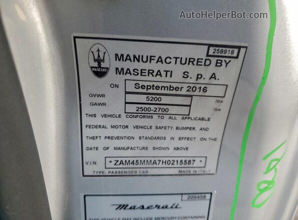 ZAM45MMA7H0215587 2017 MASERATI GRANTURISM Silver 