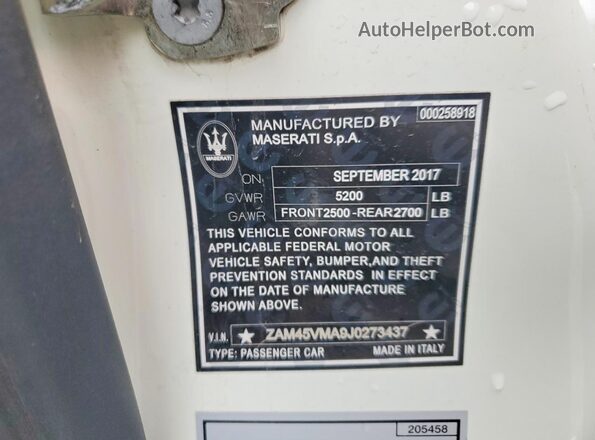ZAM45VMA9J0273437 2018 MASERATI GRANTURISM White Engine compartment view