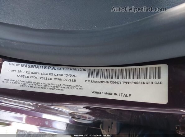 ZAM56RPL8H1226474 2017 MASERATI QUATTROPOR Maroon Vista del compartimento del motor