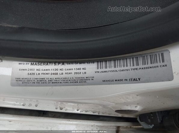 ZAM57YSS3L1349761 2020 MASERATI GHIBLI White Engine compartment view