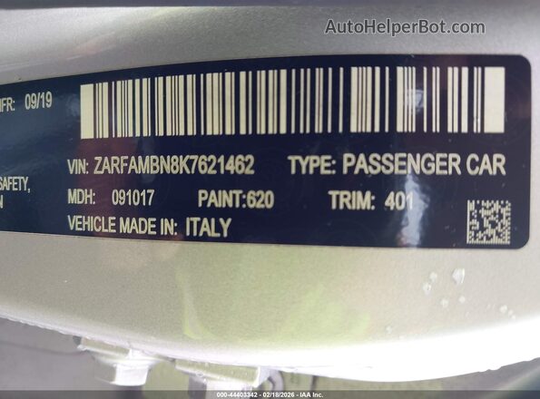 ZARFAMBN8K7621462 2019 ALFA ROMEO GIULIA Silver 