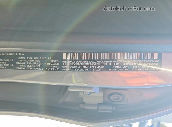 ZASFAKNN8J7B64541 2018 ALFA ROMEO STELVIO Gray VIN კოდის სტიკერის ხედი