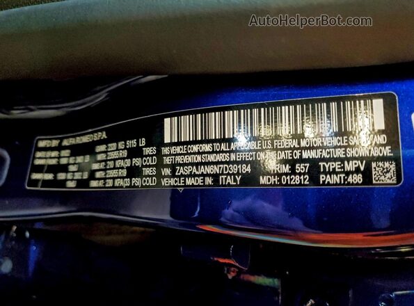 ZASPAJAN6N7D39184 2022 ALFA ROMEO STELVIO Blue VIN sticker view
