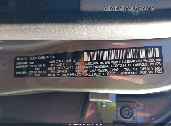 ZASPAKAN1K7C32108 2019 ALFA ROMEO STELVIO Серый 