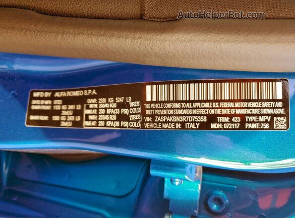 ZASPAKBN3R7D75358 2024 ALFA ROMEO STELVIO Blue Widok naklejki z numerem VIN