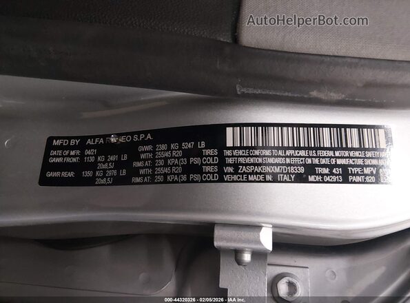 ZASPAKBNXM7D18339 2021 ALFA ROMEO STELVIO Silver Vista del compartimento del motor